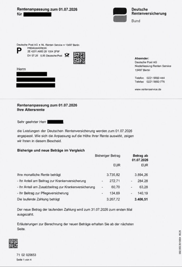 Rentenanpassung 1.7.2026 - Top Ten -Rentner